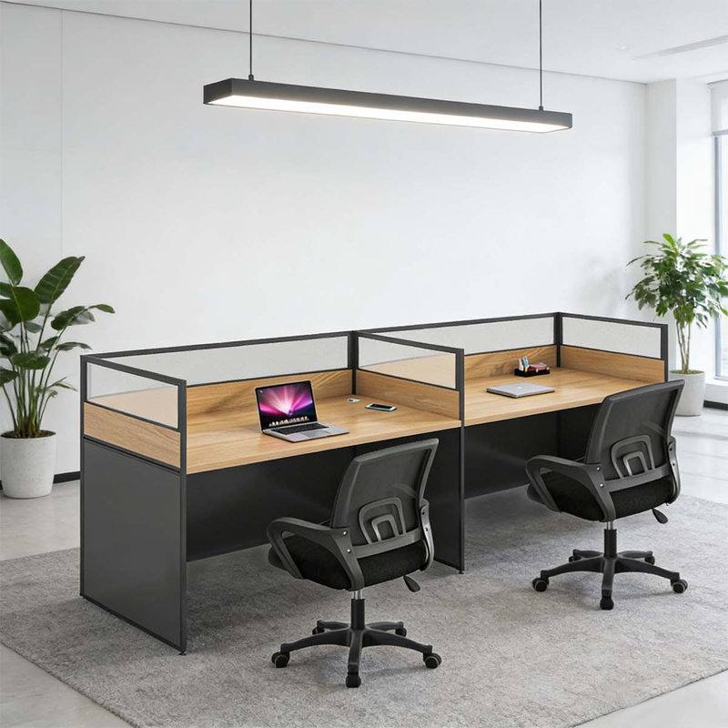 Bureau rectangulaire pour 2 personnes, poste de travail avec banc et câble
