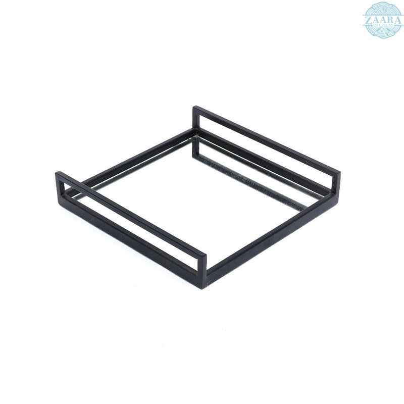 Ensemble de 2 plateaux de service carrés en verre à miroir en métal noir, plateaux de rangement polyvalents pour table basse de 20 pouces