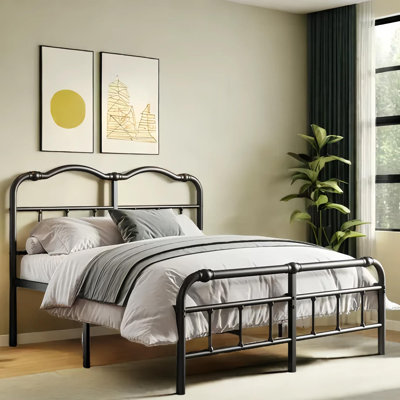 Metal Platform Bed Frame Full Size, 18 Inch Heavy‑Duty Noiseless Bed Frame with 44" Arched Headboard, No Box Spring, Under Bed Storage Space, Black