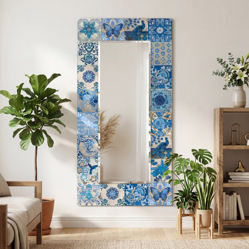 "Blue & White Tiles" Rectangular Beveled Mirror on Free Floating Reverse Printed Tempered Art Glass