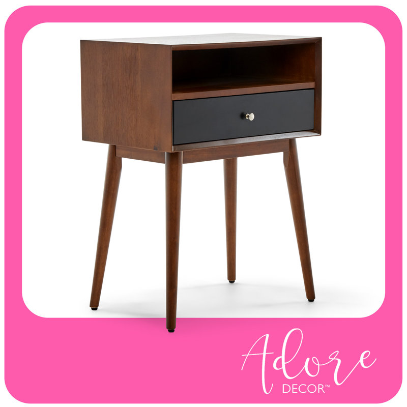 Calvin Mid-Century Brown Wood Side Table with Storage Drawer
