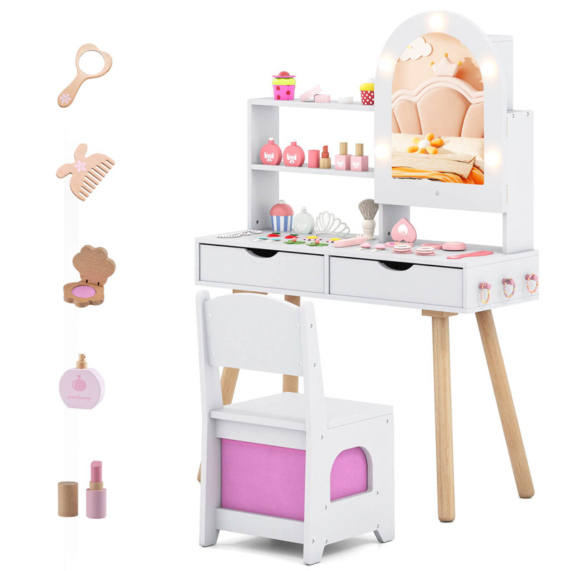 Kids Vanity Set with 3-Color Lighting Modes, Adjustable Brightness, Mirror Cabinet White, Pink/White