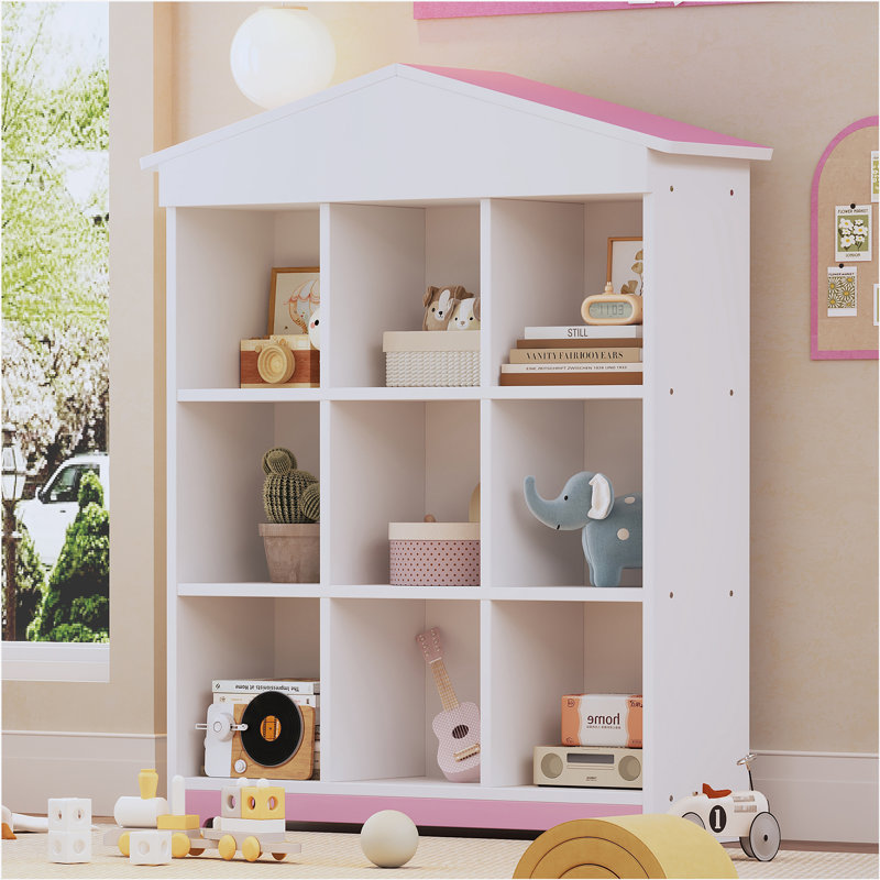 House-Shaped Storage Rack With Nine Storage Compartments And Colorblock Design, White/Pink