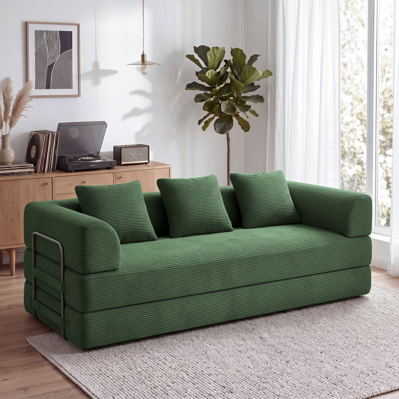 89" W King-Size Convertible Compression Sleeper Sofa Bed Floor Sofa Lounge Couch Corduroy Folding Mattress Couch with 3 Pillows