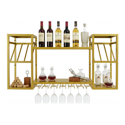 Wall Mounted Wine Rack 2-Tier Metal Floating Bottle Holder Liquor Shelves for Kitchen, Dining Room, and Bar