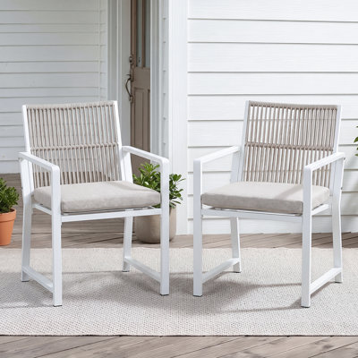 Ensemble de 2 chaises de patio, chaises d'extérieur en métal avec coussin amovible, dossier ergonomique à 105 ° et design tissé, résistant aux intempéries, blanc