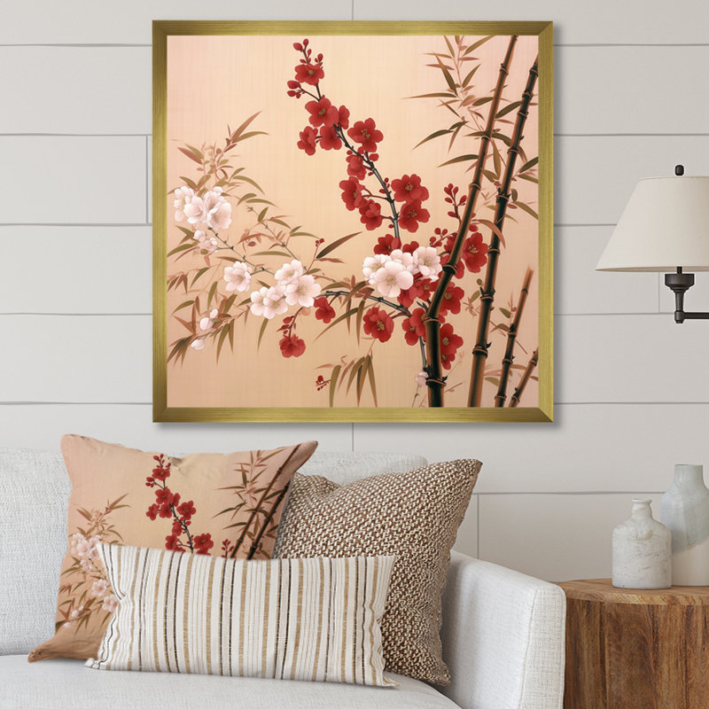 Bambou et fleurs de prunier II - Bambou, art mural, salon_106657, H 30 po x l 30 po x P 1 po, Encadrement doré