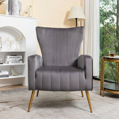 Fauteuil d'appoint en velours avec pieds en métal, fauteuil rembourré moderne, fauteuil à oreilles pour petits espaces de salon