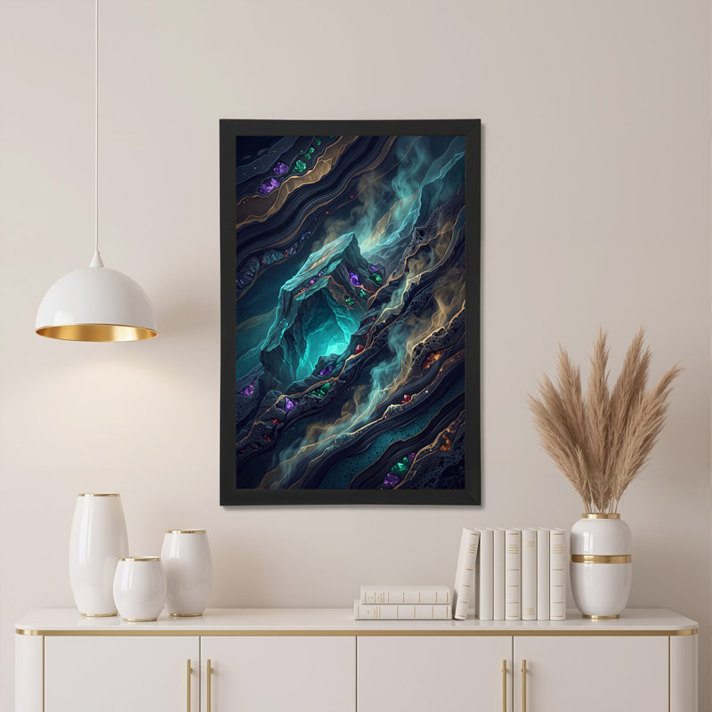 Art mural sur toile tourbillonnant avec des cristaux sarcelle et des veines dorées, 24"H x 16"W