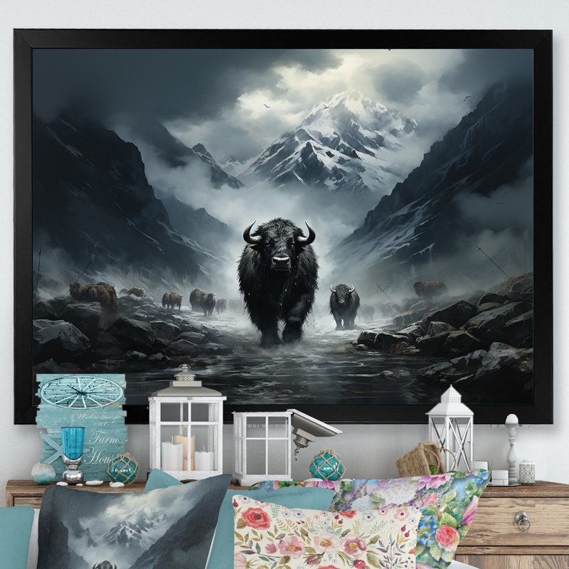 Minimalisme, yaks noirs, impression sur toile, H 34 po x l 44 po x P 1,5 po, Cadre simple noir