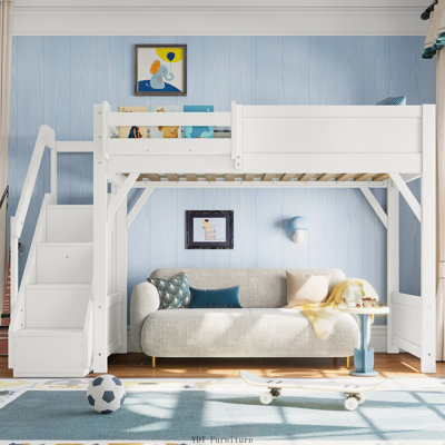 Twin Size Solid Wood Loft Bed with Built-in Wardrobe | Storage Space, Side Shelves, Full-Length Guardrails & Stairs, No Box Spring Needed, White