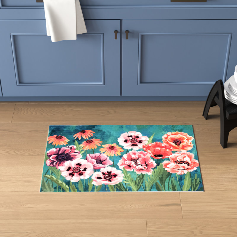 Bloodworth Floral Polyester Water Resistant Non-Skid Kitchen Mat, Rectangle 1'11" x 2'11"