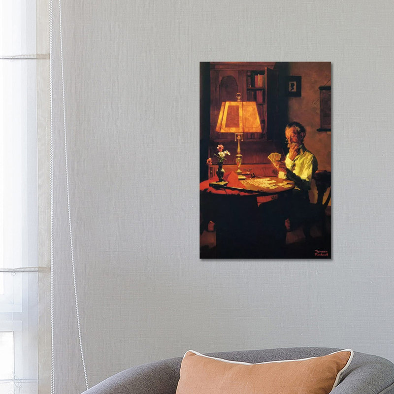 Man Playing Cards By Lamplight by Norman Rockwell - Wrapped Canvas Print