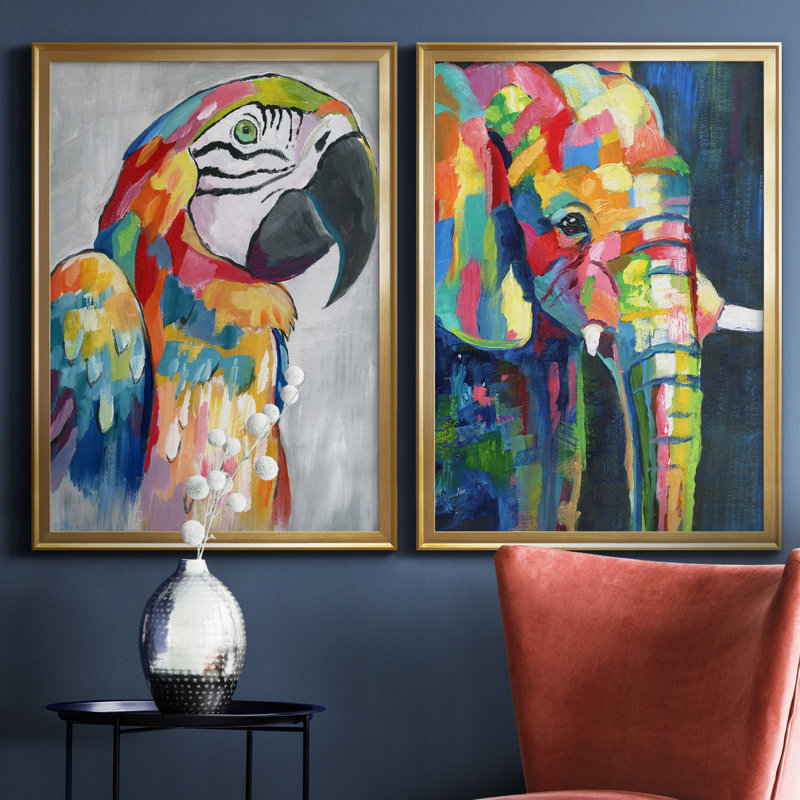«Vibrant Parrot», ensemble de 2 reproductions d'impressions, H 18,5 po x l 49 po x P 1,5 po, Toile encadrée dorée