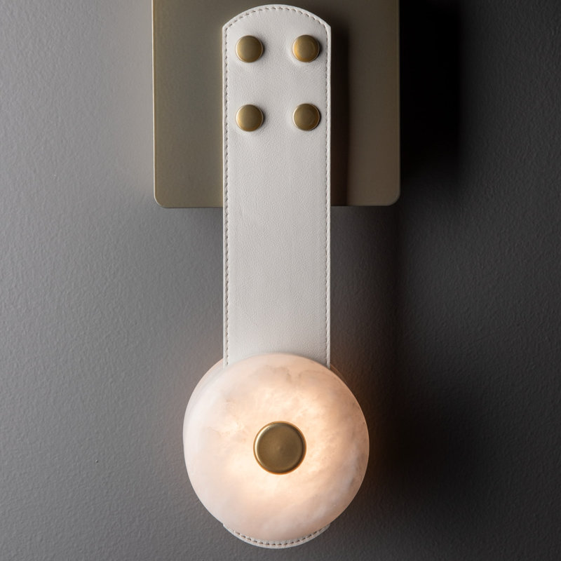 SNAPS LED Sconce, White Leather, Modern Brass