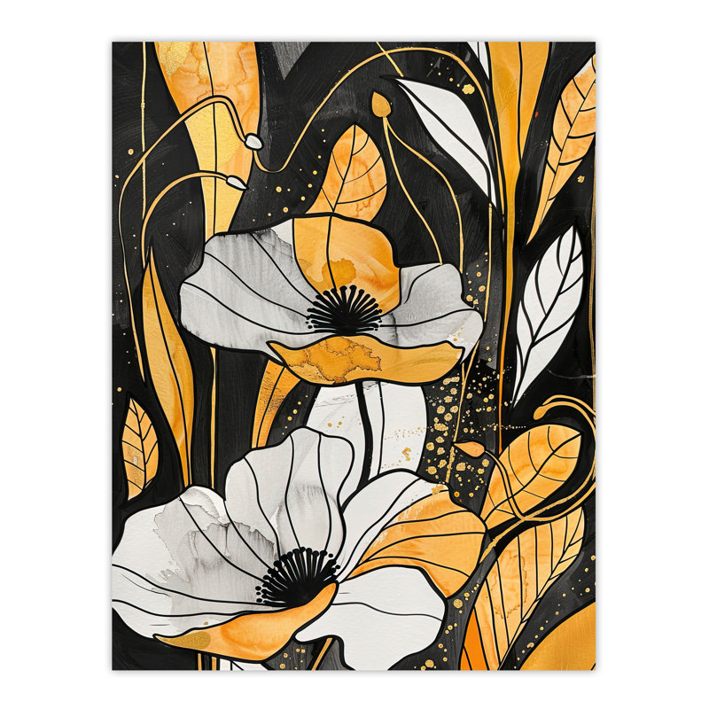 Abstract Gold Poppy Flowers Floral Painting Wall Art Print