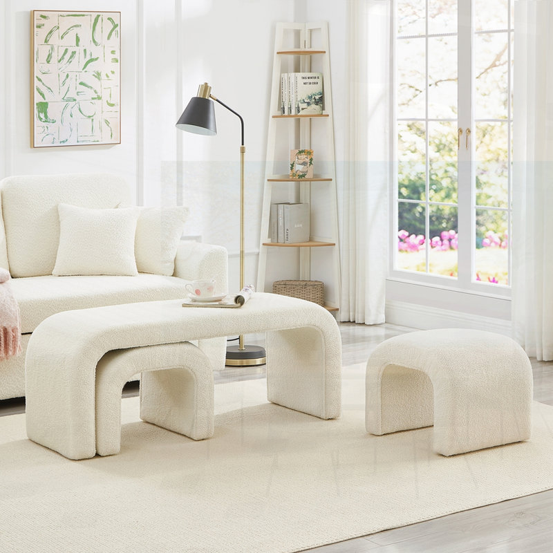 Set of 3 U-Shaped Modern Teddy Ottoman Benches for Entryway, Bedroom, and Living Room Extra Seating, Cream