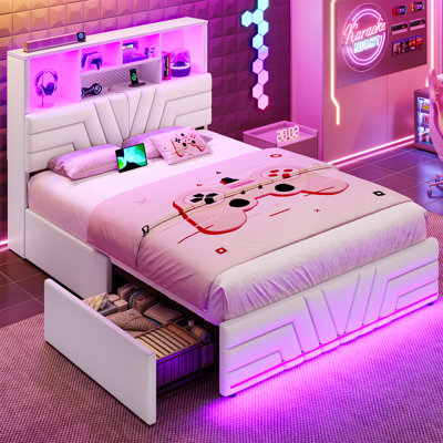 Full Size Bed Frames With 4 Drawers And Storage Headboard, Esports-Style Gaming Beds With Rgb Lights And Charging Station, Faux Leather Upholstered Platform Beds, White