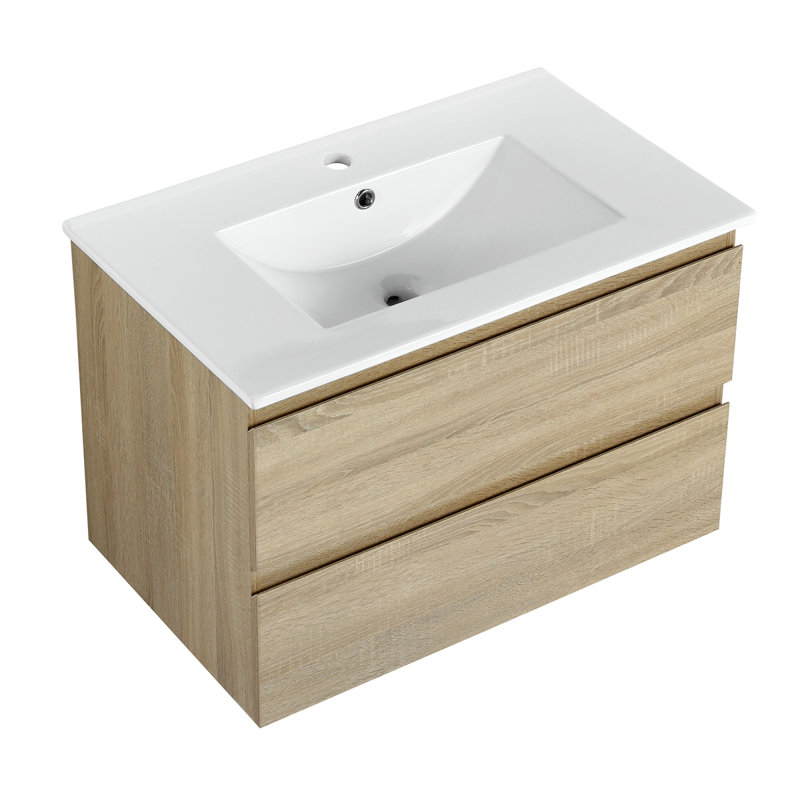 Meuble-lavabo mural avec lavabo en céramique, Chêne clair