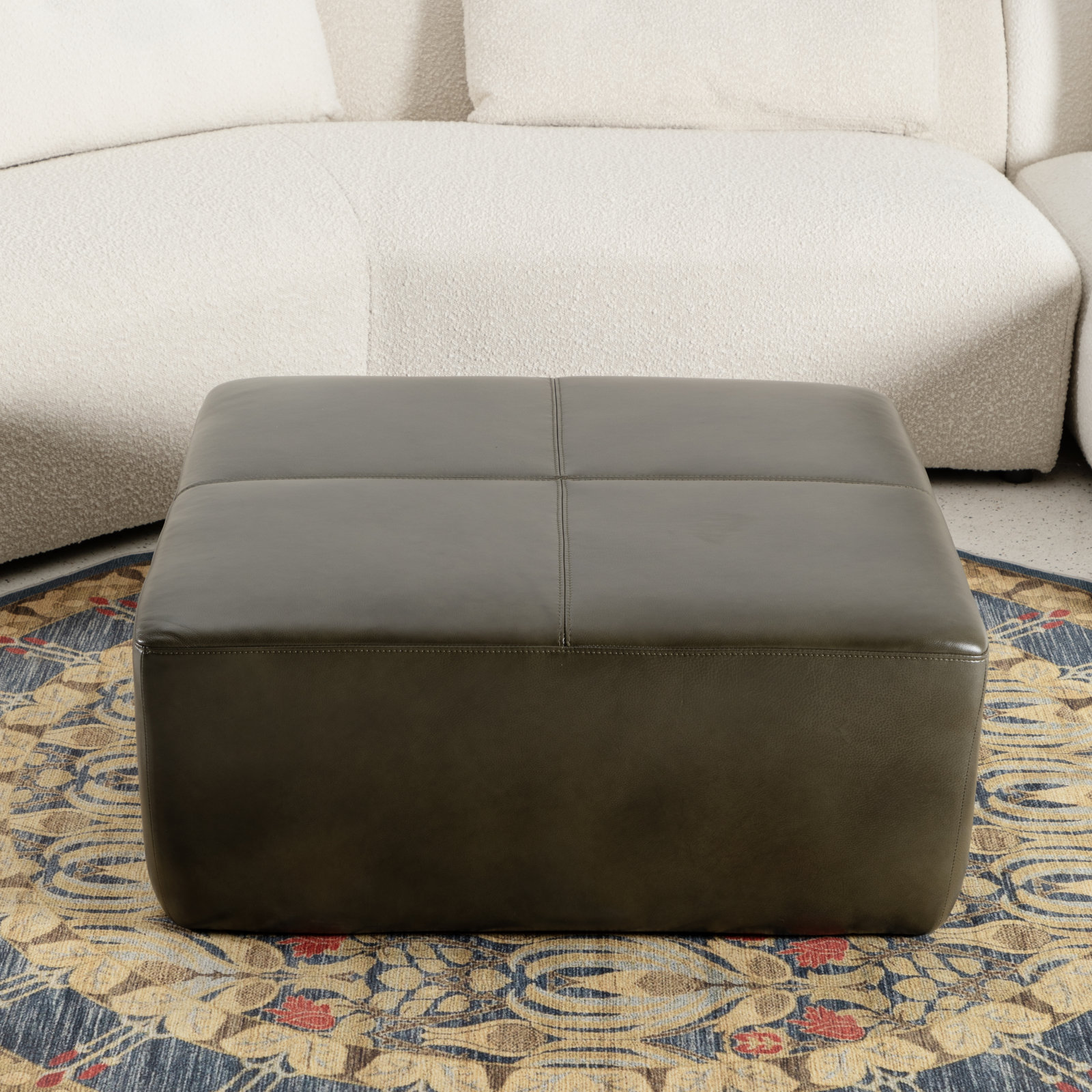  Hartwell 35" Square Genuine Leather Ottoman, Army Genuine Leather
