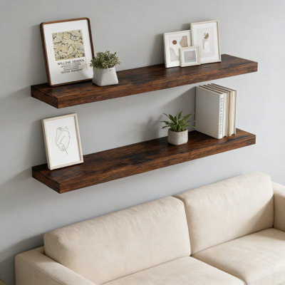 Ensemble de tablettes flottantes, 2 tablettes murales de 40 pouces avec supports invisibles, 8 tablettes de rangement brun rustique profond pour le salon, la cuisine, la salle de bain et la décoration intérieure
