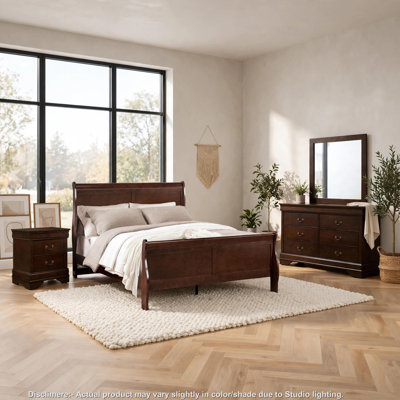 Poy Three Piece Full Size Bedroom Set, Metal Hanging Pulls, Cherry Brown Wood