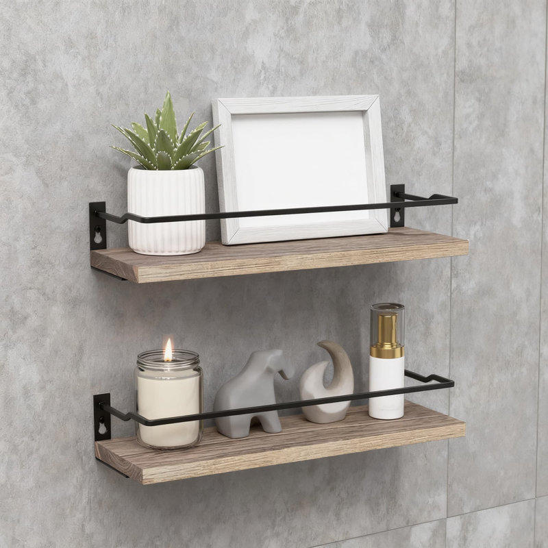 Floating Bathroom Shelves Set Of 2 With Guard Rail, Wall Mounted Over Toilet Storage Organizer For Kitchen And Bedroom, Handmade Wooden Shelf Decor