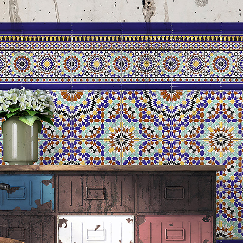 Sevillano Andalusa 8" x 8" Ceramic Cenefa Border Tile in Blue/Red/Green