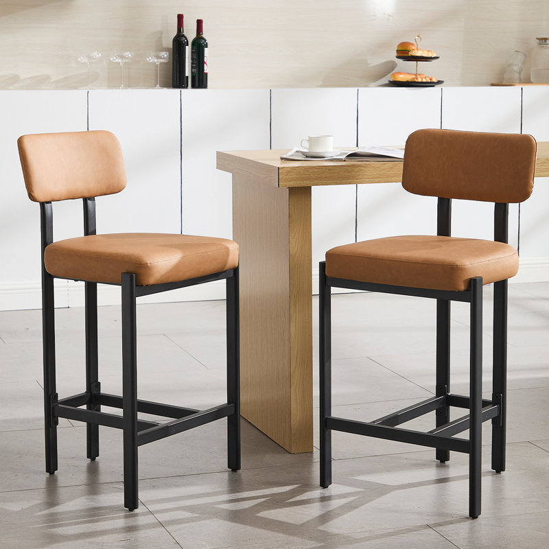 Modern Upholstered Counter Stool With Backrest, Beautiful Low Barstool For Kitchen Island, Bar And Counter, Brown