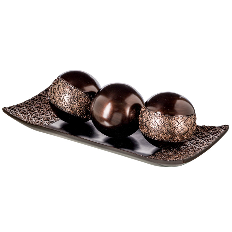 Brown Resin Decorative Tray with Orbs Set