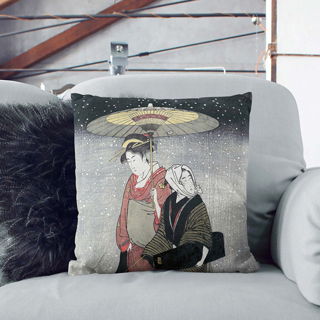 Geisha in the Snow by Kitagawa Utamaro Cushion with Filling