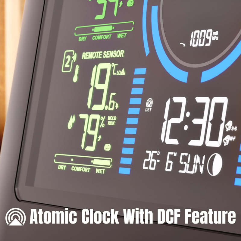 Wf-80c Weather Station Wireless Indoor Outdoor 7.5'' Large Colour Display With 3 Outdoor Sensors, Thermometer Hygrometer Barometer, Atomic Clock, Weather Forecast