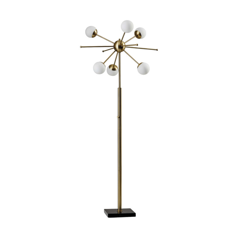 64" Brass Six Light LED Novelty Floor Lamp With White Glass Globe Shades