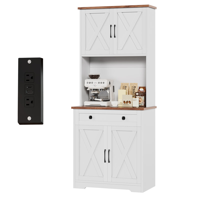 71" Pantry Cabinet with Charging Station, Tall Kitchen Pantry Storage Cabinet with Microwave Stand, Large Farmhouse Kitchen Hutch with Cabinet Doors & Drawer for Living Room, Dining Room