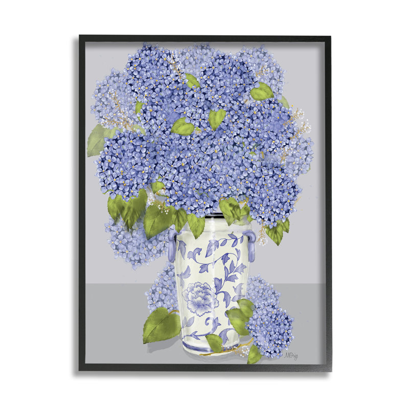 " Blushing Blue Hydrangeas ", 14" H x 11" W x 1.5" D, Midnight Black Framed Giclee