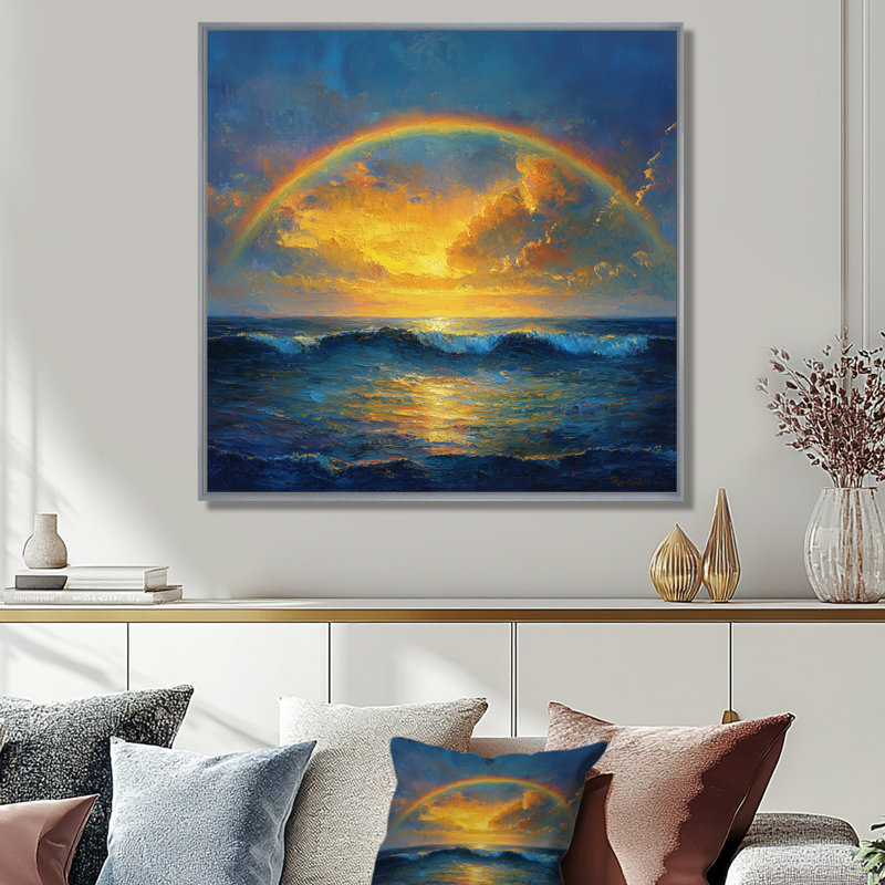 «Avyansh Rainbow On The Ocean Harmony II», art mural arc-en-ciel, Impression encadrée flottante, Argent argent