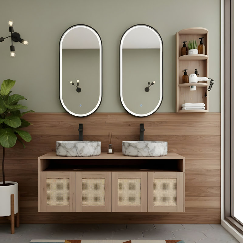 Meuble-lavabo de 48 pouces avec deux lavabos en céramique et tablettes de rangement
