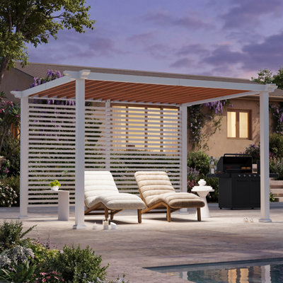 Palisade 10‘ X 12' Steel Frame Outdoor Patio Pegola With Slats Roof，Textilene Sun Shade Canopy And Privacy Panel Screen Wall For Backyard Garden And Deck Party