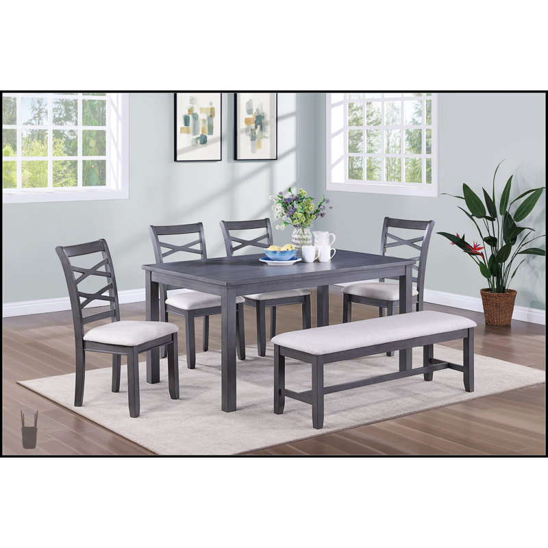 Ensemble de salle à manger moderne 6 pièces avec plateau en bois, 4 chaises d'appoint et banc, fabrication en bois d'hévéa robuste pour plus de durabilité et de style