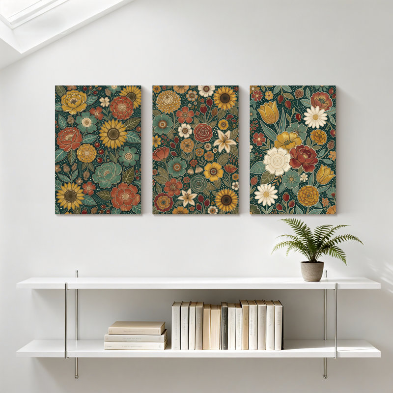 Plantes et fleurs, motif floral avec couleurs vives et feuilles, ensemble de 3 impressions sur toile, H 36 po x l 72 po