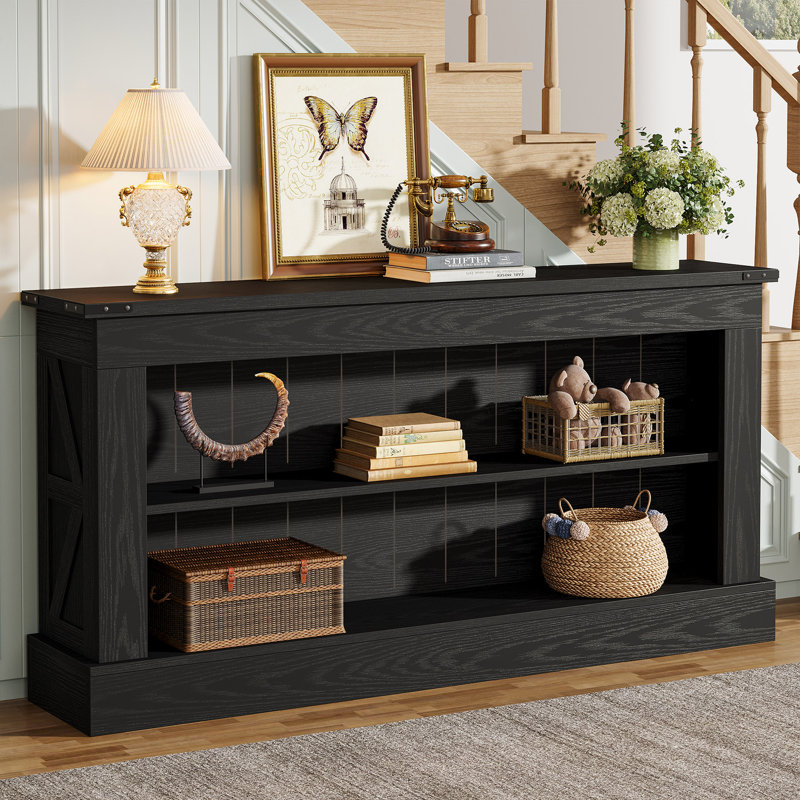 Console de 63 pouces avec rangement, long canapé d'entrée et table derrière le canapé, Noir, Noir