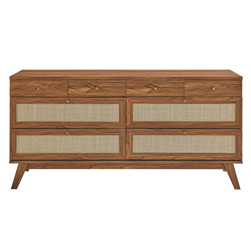 Walnut Double 8-Drawer Dresser with Rattan Weave