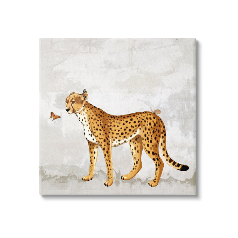17" Square Beige Canvas Art with Leopard and Butterfly