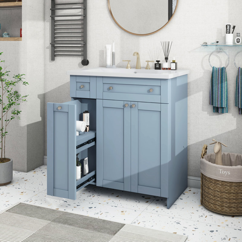 Meuble-lavabo bleu avec lavabo en céramique, Bleu
