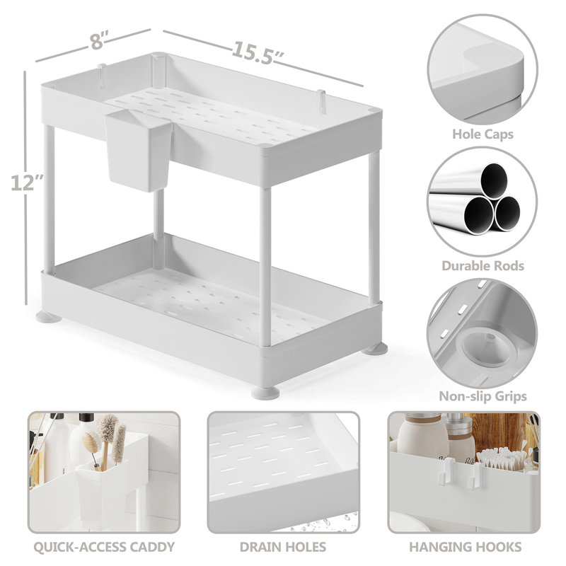 White Two-Tier Under Sink Organizer with Utility Hooks