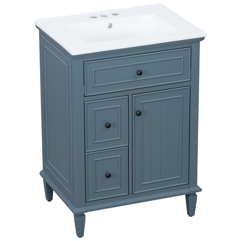 Meuble-lavabo 24 po avec lavabo, meuble-lavabo avec un tiroir rabattable et deux tiroirs, tablette réglable, bois massif et panneau de fibres à densité moyenne