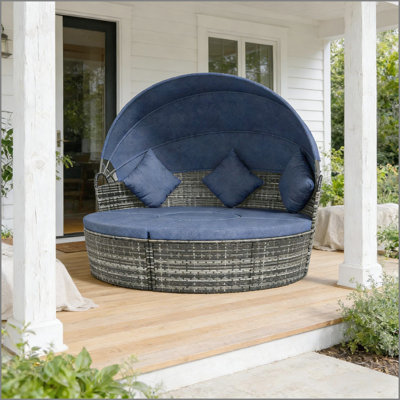 Ensemble de mobilier modulaire de patio, ensemble de conversation extérieur, lit de jour rond en rotin 4 pièces