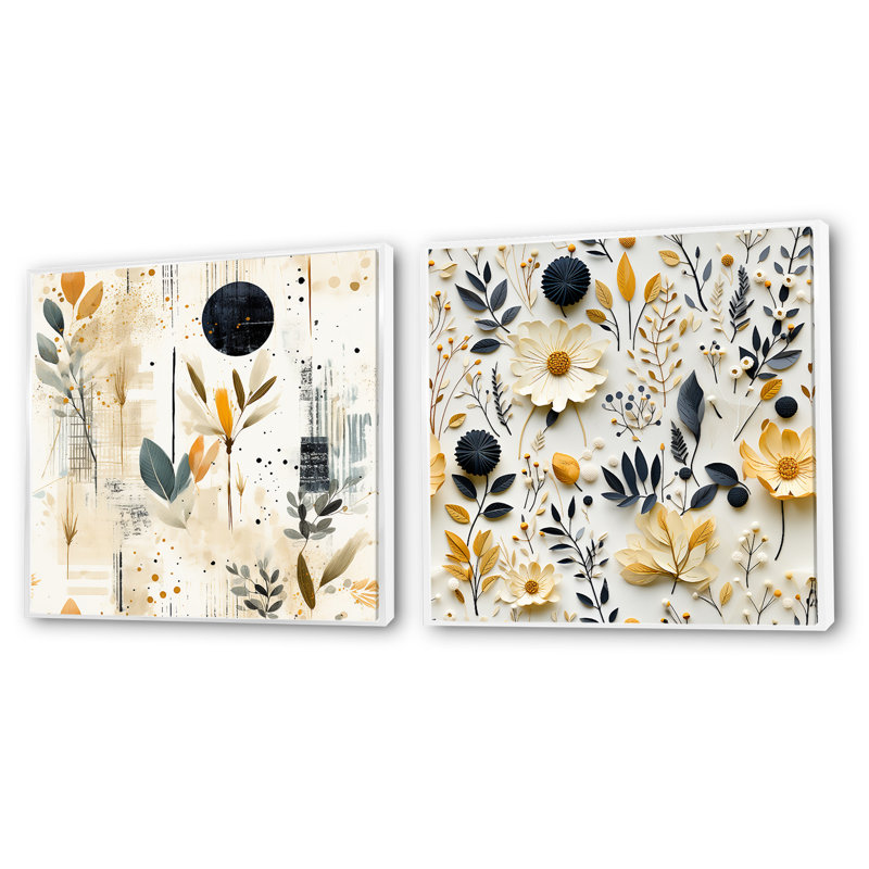 Alapaha - Ensemble de 2 collages carrés botaniques abstraits, Cadre flottant blanc, H 16 po x l 33 po