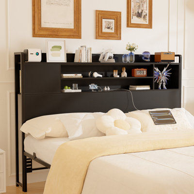 Storage Headboard with LED Lights and Charging Station