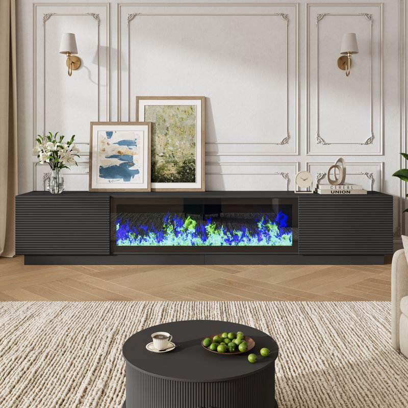 Meuble télé 94 po avec foyer, meuble télé pour téléviseur de 100 po ou moins, noir, Black